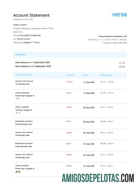 Modelo realista de extrato de conta de pagamentos em verso da Lituânia em Word e PDF